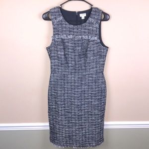 NWT J. Crew Women’s Tweed Fringe Navy Blue and White Sleeveless Sheath Dress